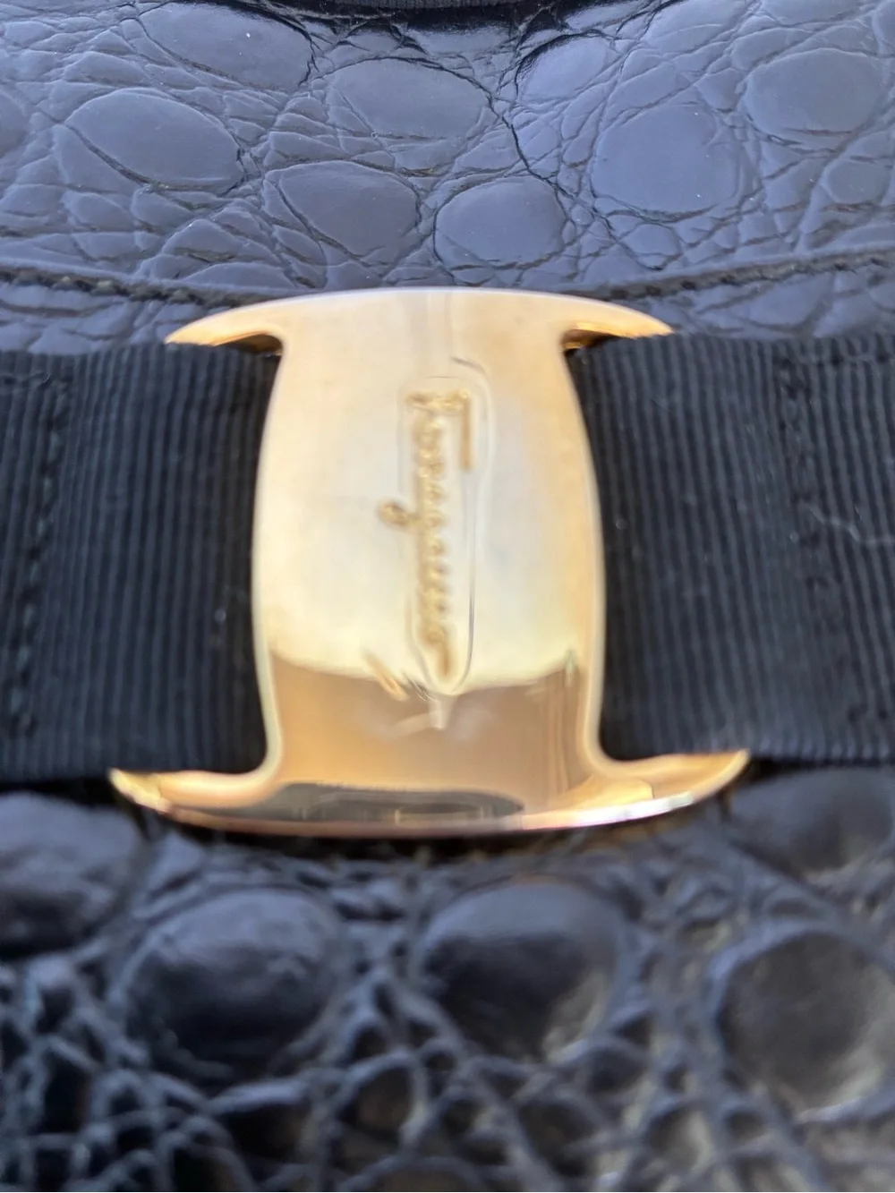 Salvatore Ferragamo Black Croc-Embossed Crossbody with Gold Buckle